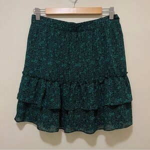J. Crew Factory Ruffle Mini Skirt Women's Small Black Green Micro Floral‎ Tiered